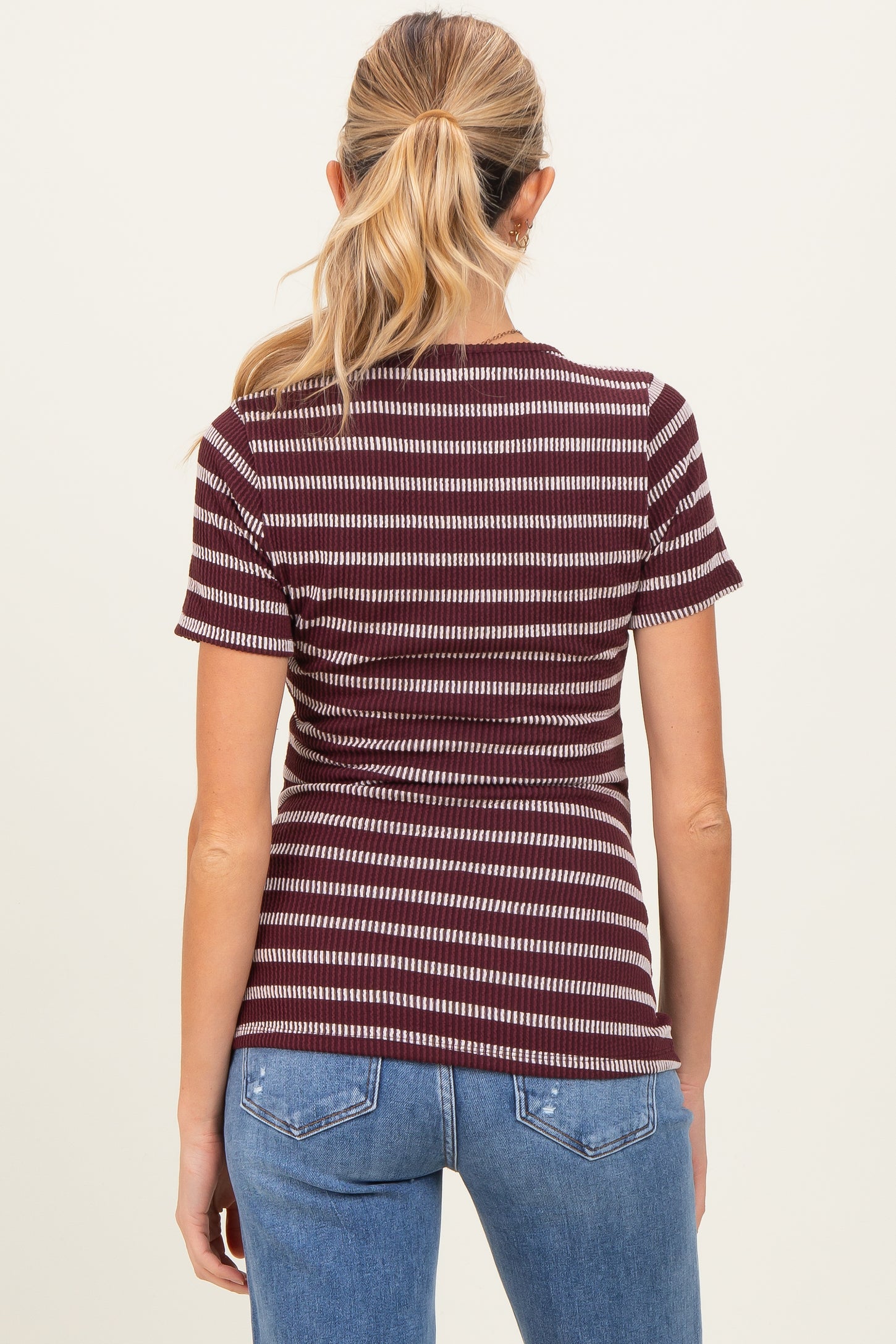 Burgundy Stripe Short Sleeve Round Neck Maternity Top