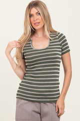 Olive Stripe Short Sleeve Round Neck Maternity Top