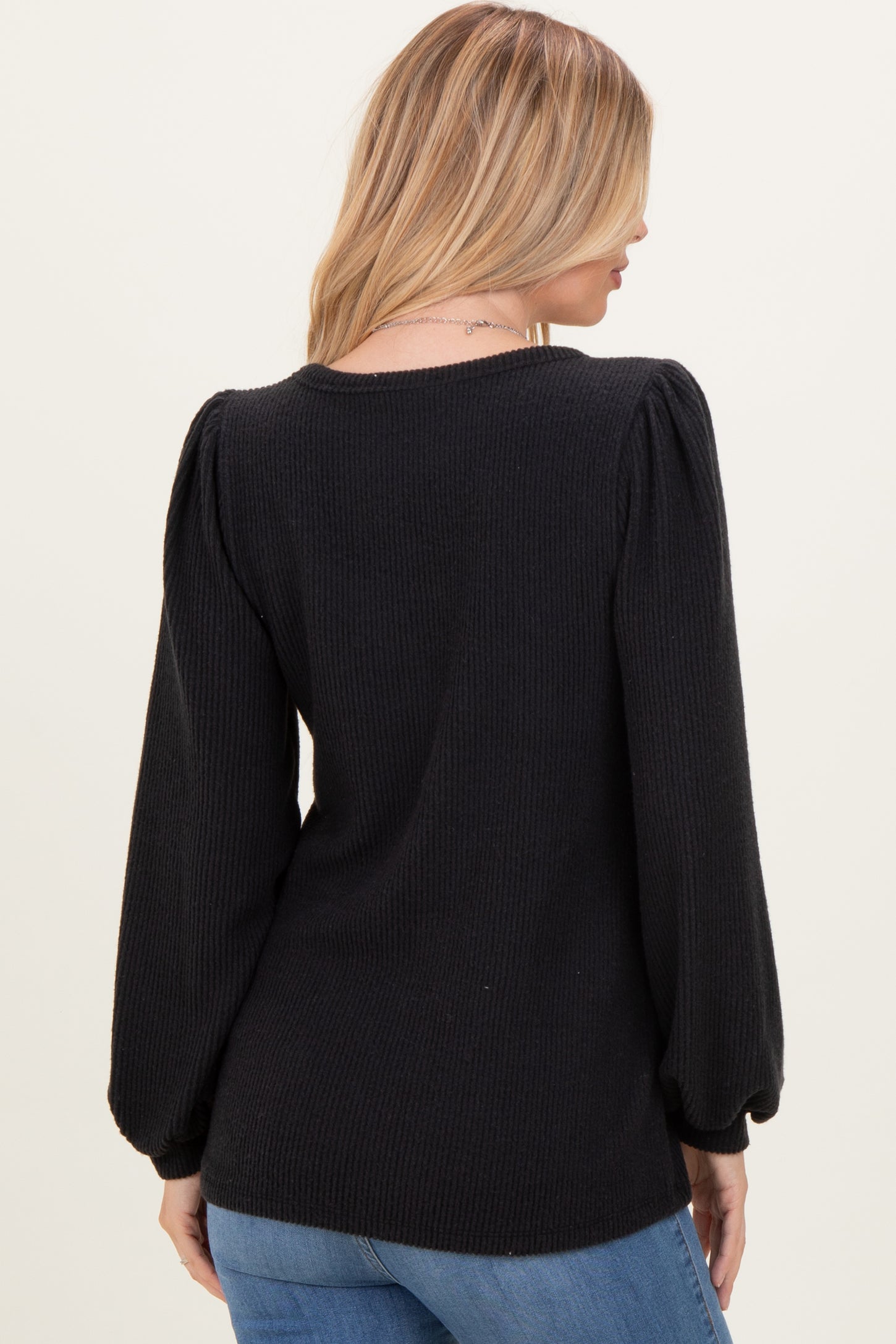 Black Solid Ribbed Long Sleeve V-Neck Tunic Top