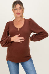 Brown Solid Ribbed Long Sleeve V-Neck Maternity Tunic Top