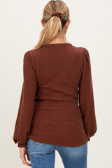 Brown Solid Ribbed Long Sleeve V-Neck Maternity Tunic Top