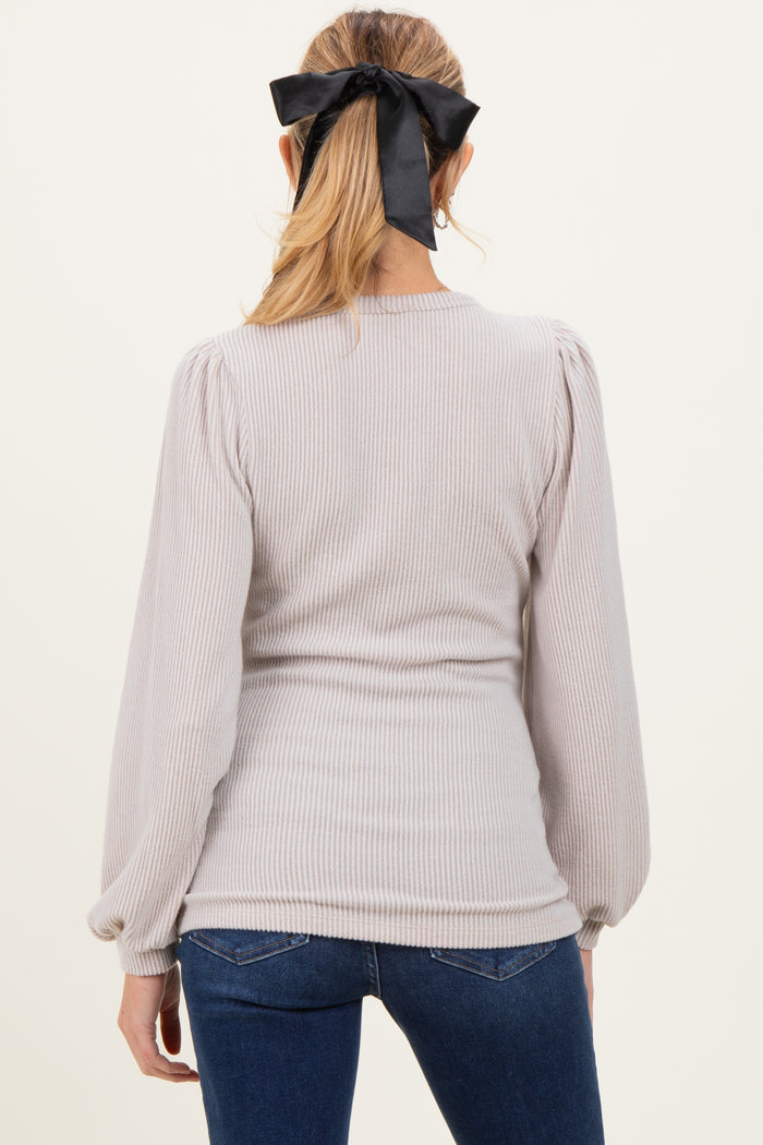Beige Solid Ribbed Long Sleeve V-Neck Maternity Tunic Top