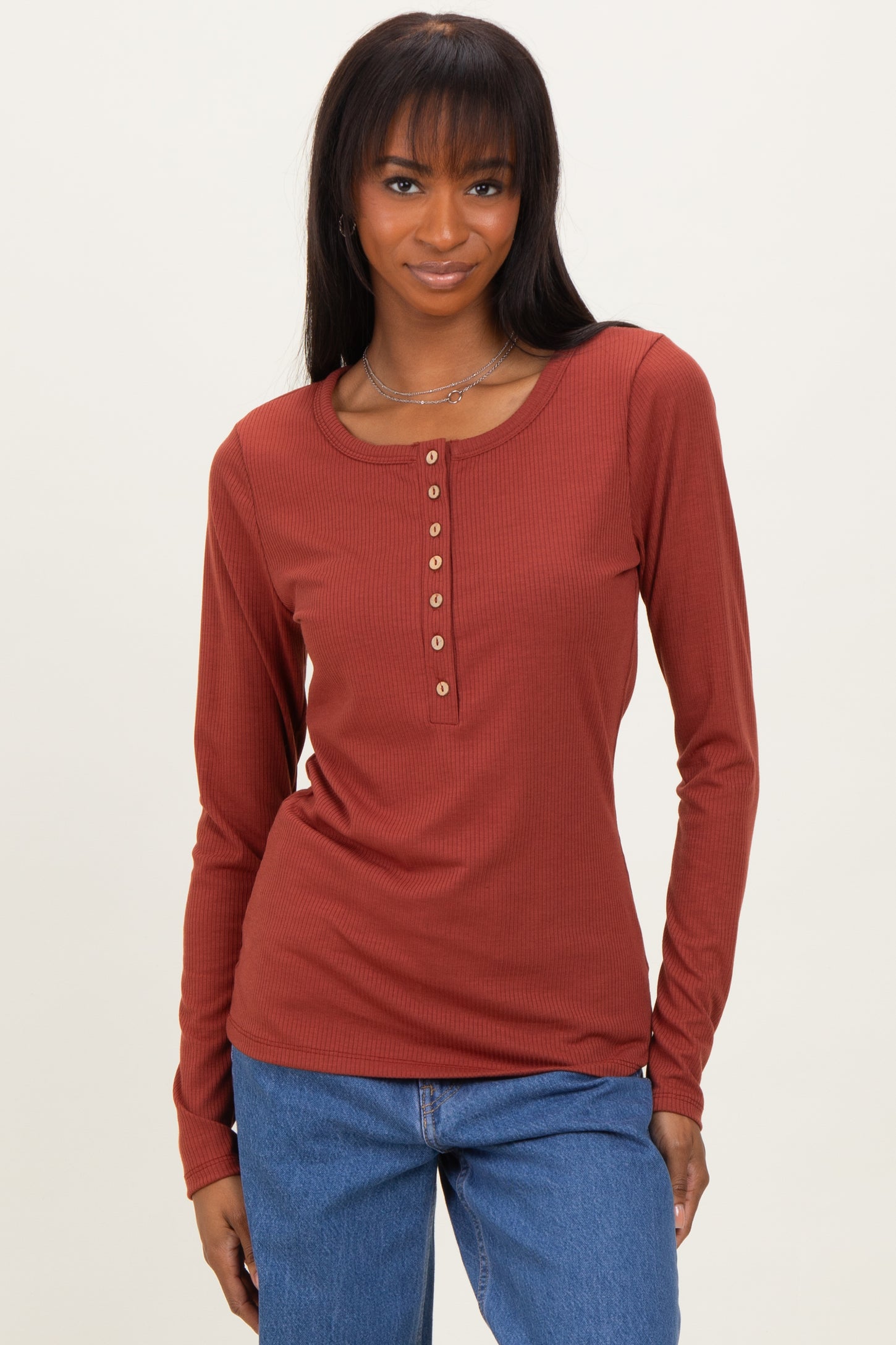 Rust Solid Ribbed Long Sleeve Button Down Maternity Tunic Top