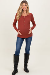 Rust Solid Ribbed Long Sleeve Button Down Maternity Tunic Top