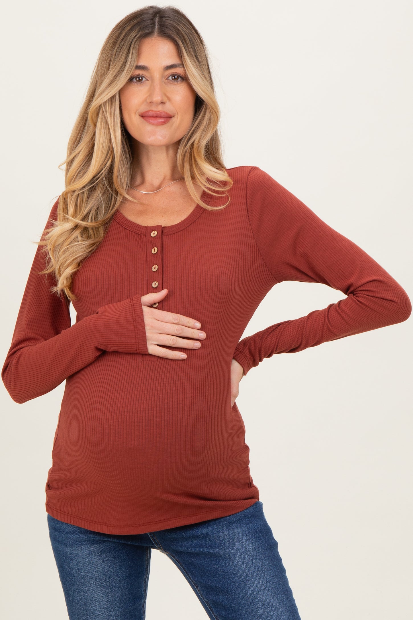 Rust Solid Ribbed Long Sleeve Button Down Maternity Tunic Top