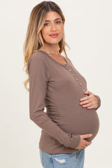 Mocha Solid Ribbed Long Sleeve Button Down Maternity Tunic Top