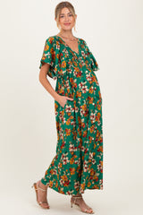 Hunter Green Fall Floral Short Sleeve V-Neck Maternity Maxi Dress
