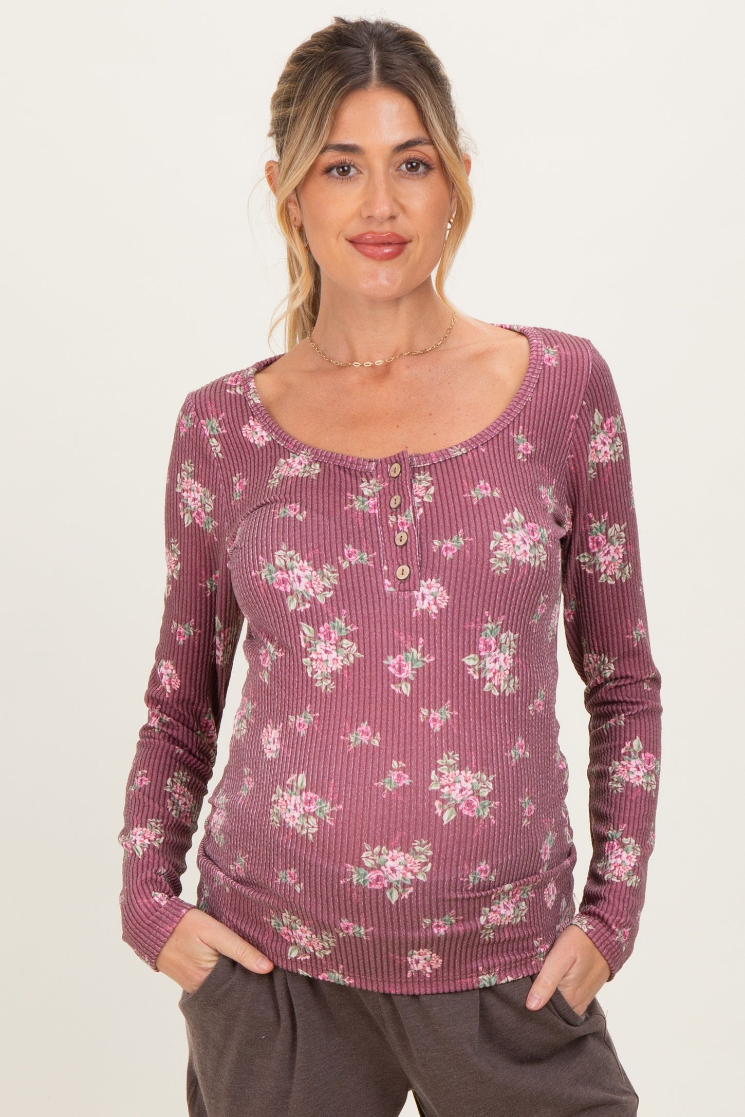Burgundy Floral Ribbed Long Sleeve Button Down Maternity Tunic Top