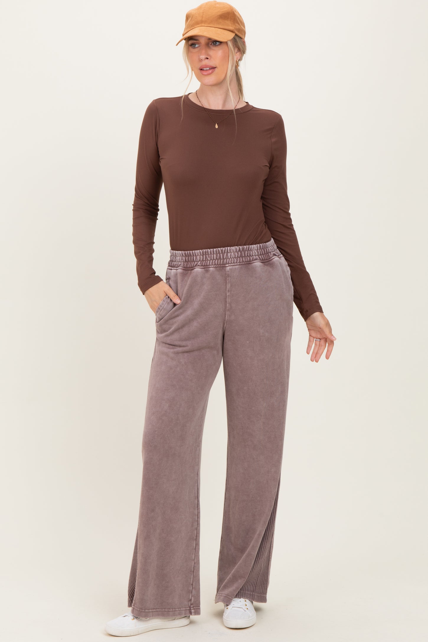 Mocha Mineral Wash Waffle Knit Contrast Maternity Lounge Pants
