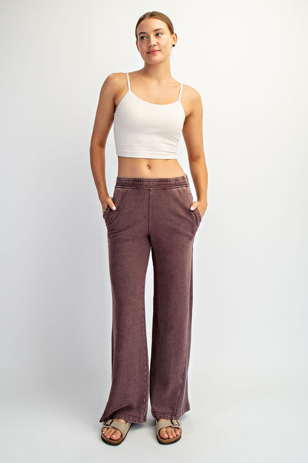 Burgundy Mineral Wash Waffle Knit Contrast Lounge Pants