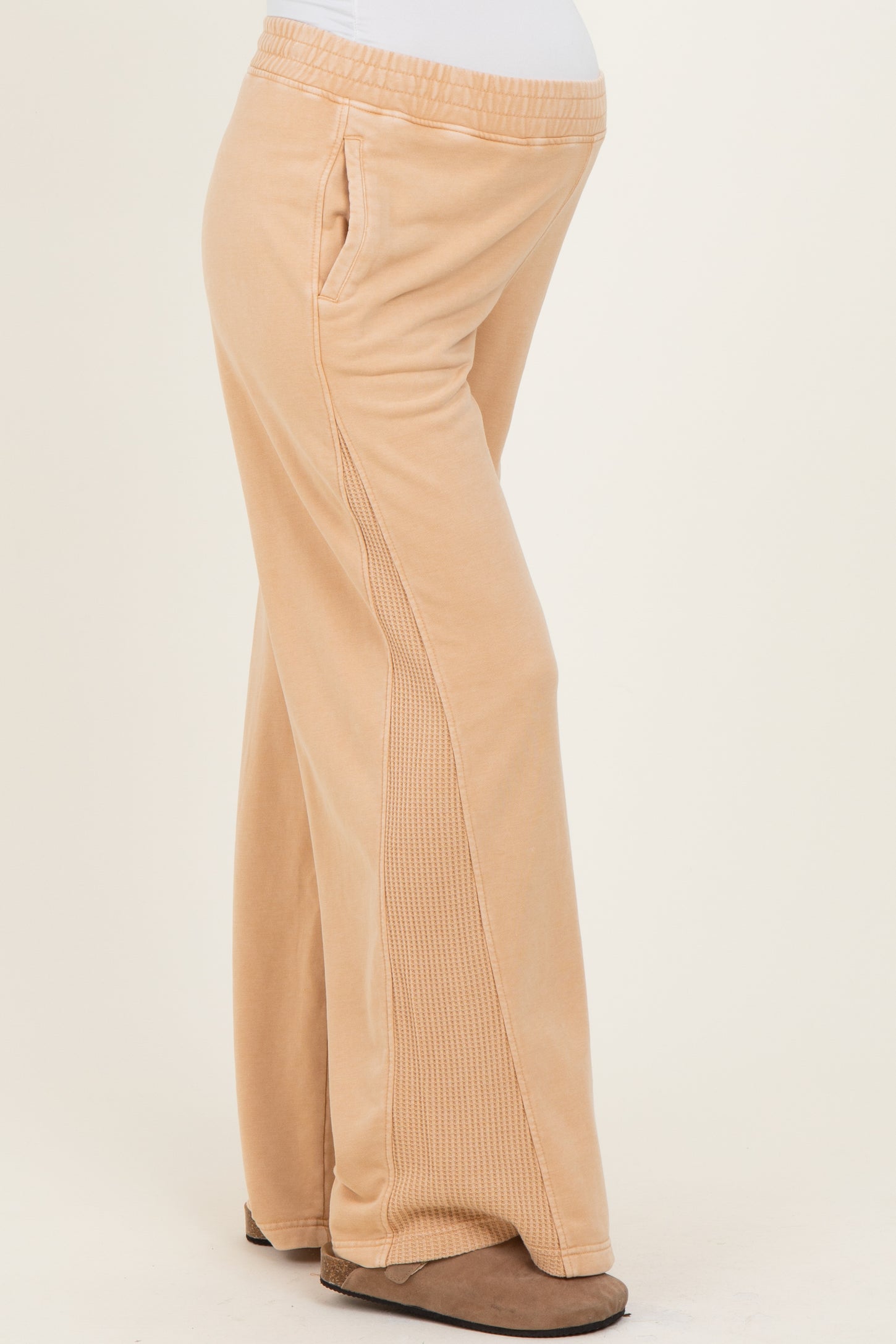 Light Camel Mineral Wash Waffle Knit Contrast Maternity Lounge Pants
