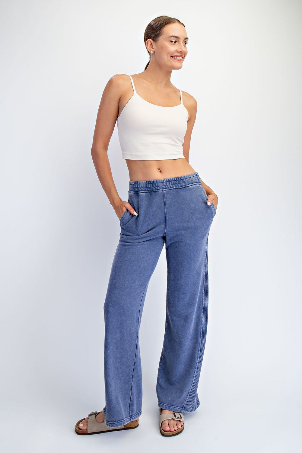 Light Navy Mineral Wash Waffle Knit Contrast Lounge Pants
