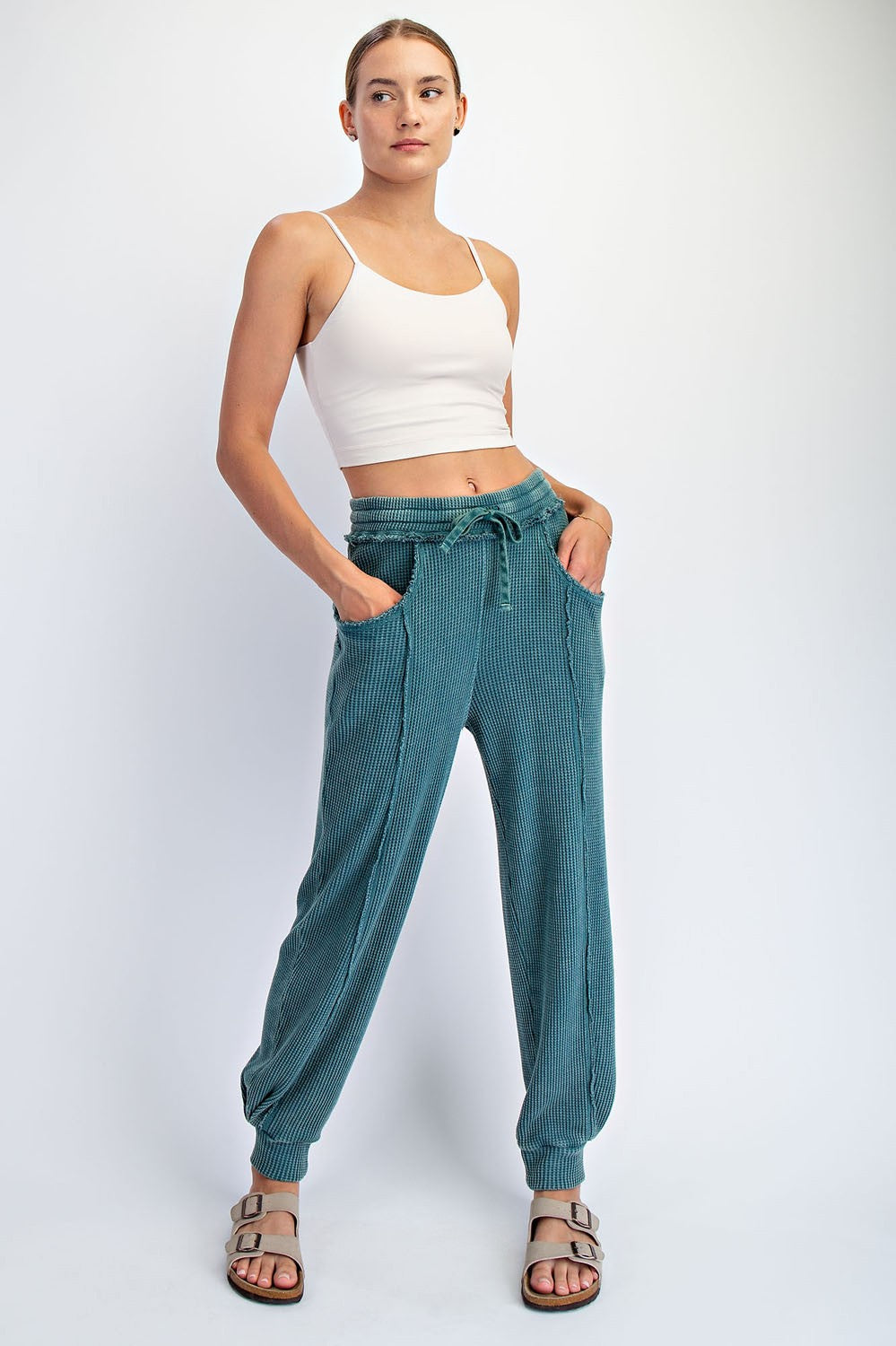 Teal Raw Seam Waffle Knit Maternity Joggers