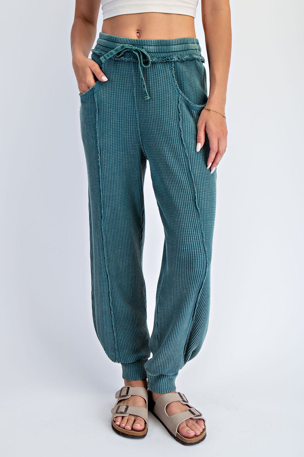 Teal Raw Seam Waffle Knit Joggers