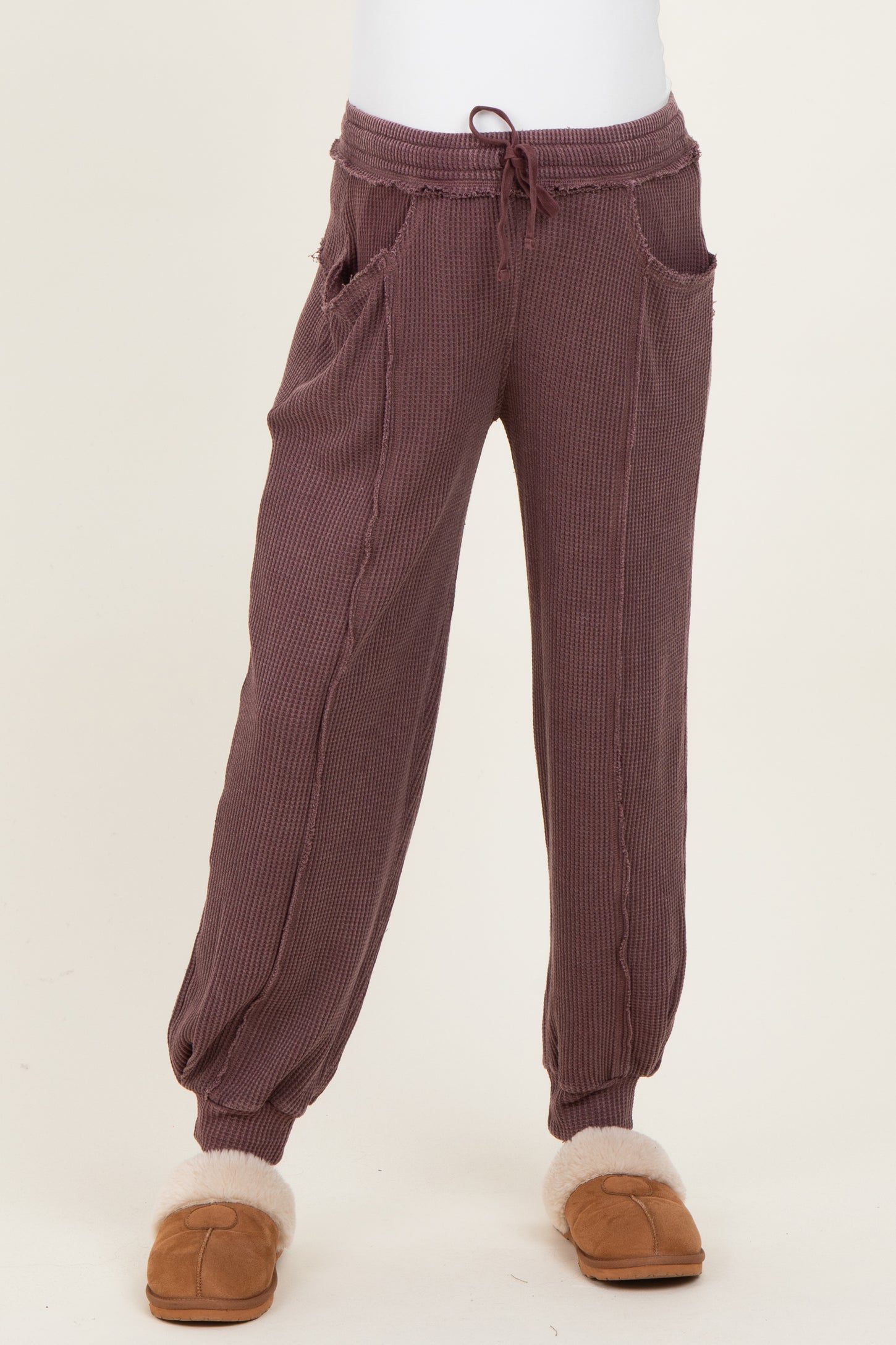 Burgundy Raw Seam Waffle Knit Maternity Joggers