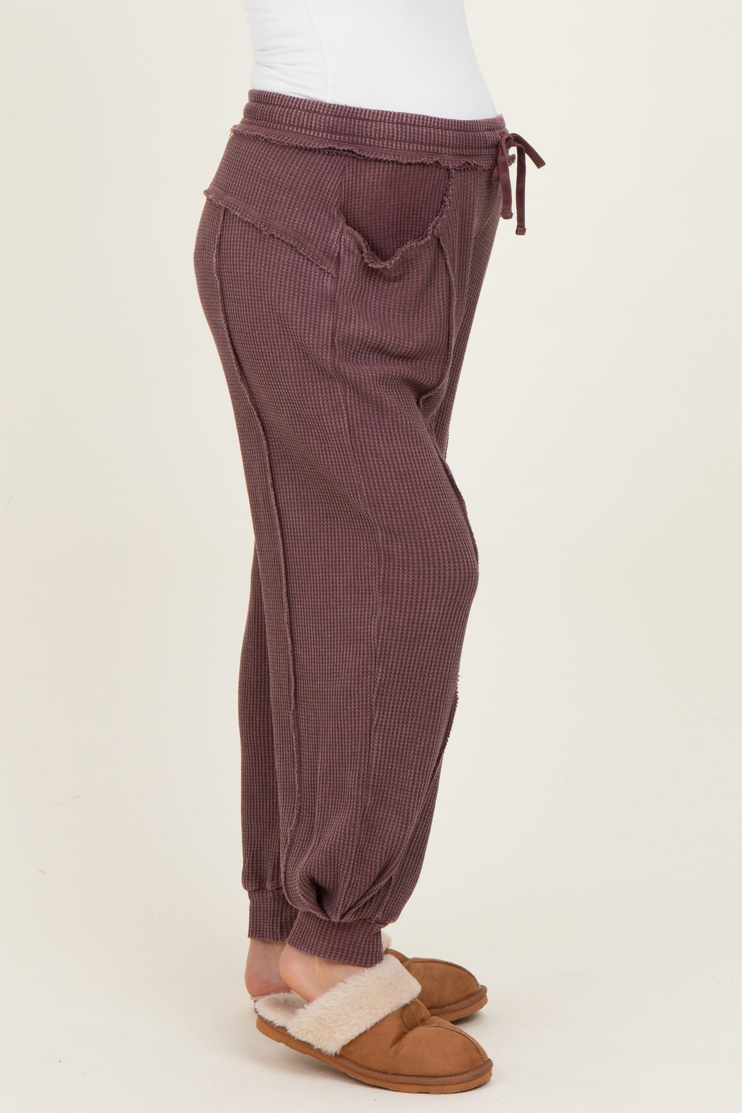 Burgundy Raw Seam Waffle Knit Maternity Joggers