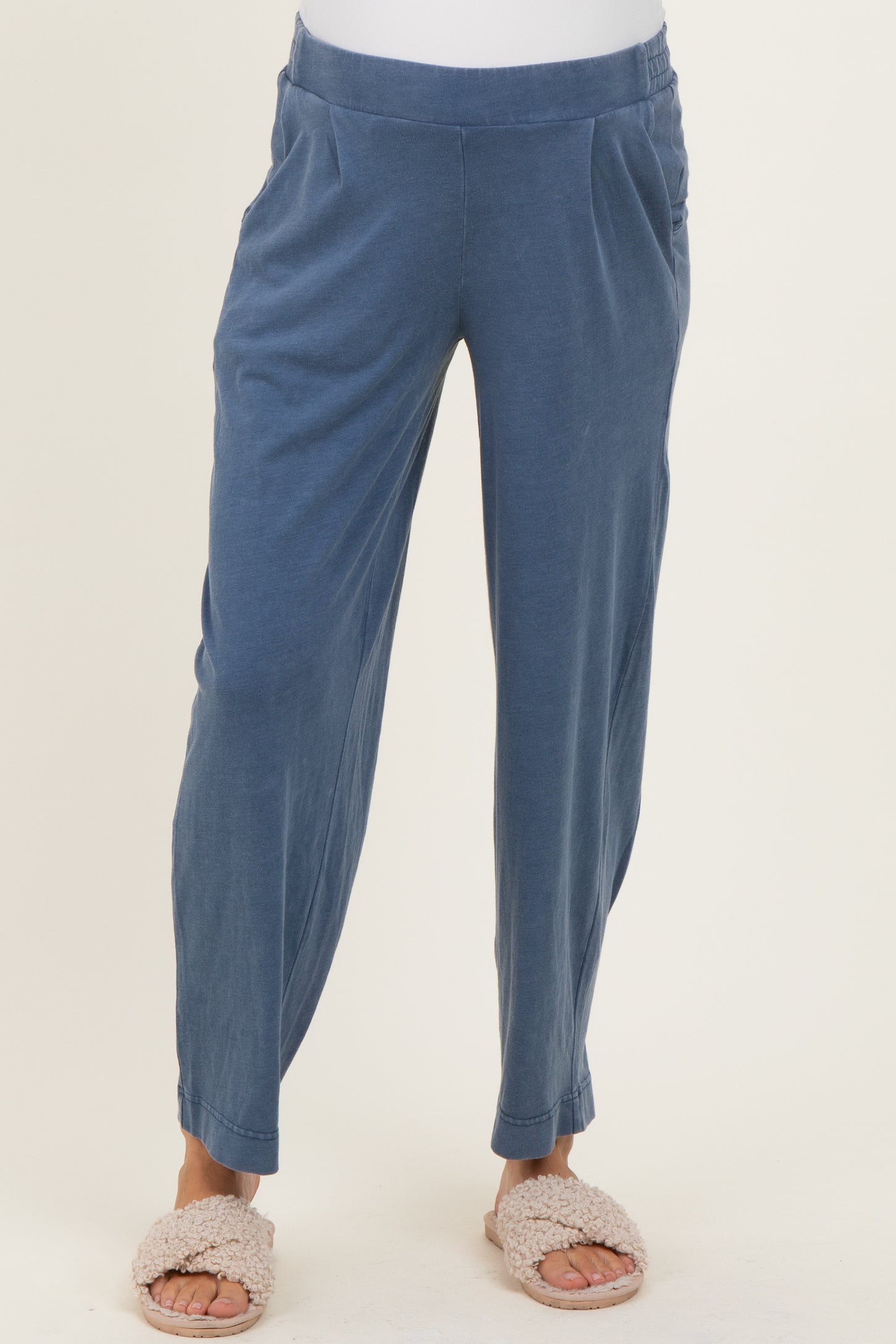 Light Navy Mineral Wash Pleated Maternity Lounge Pants