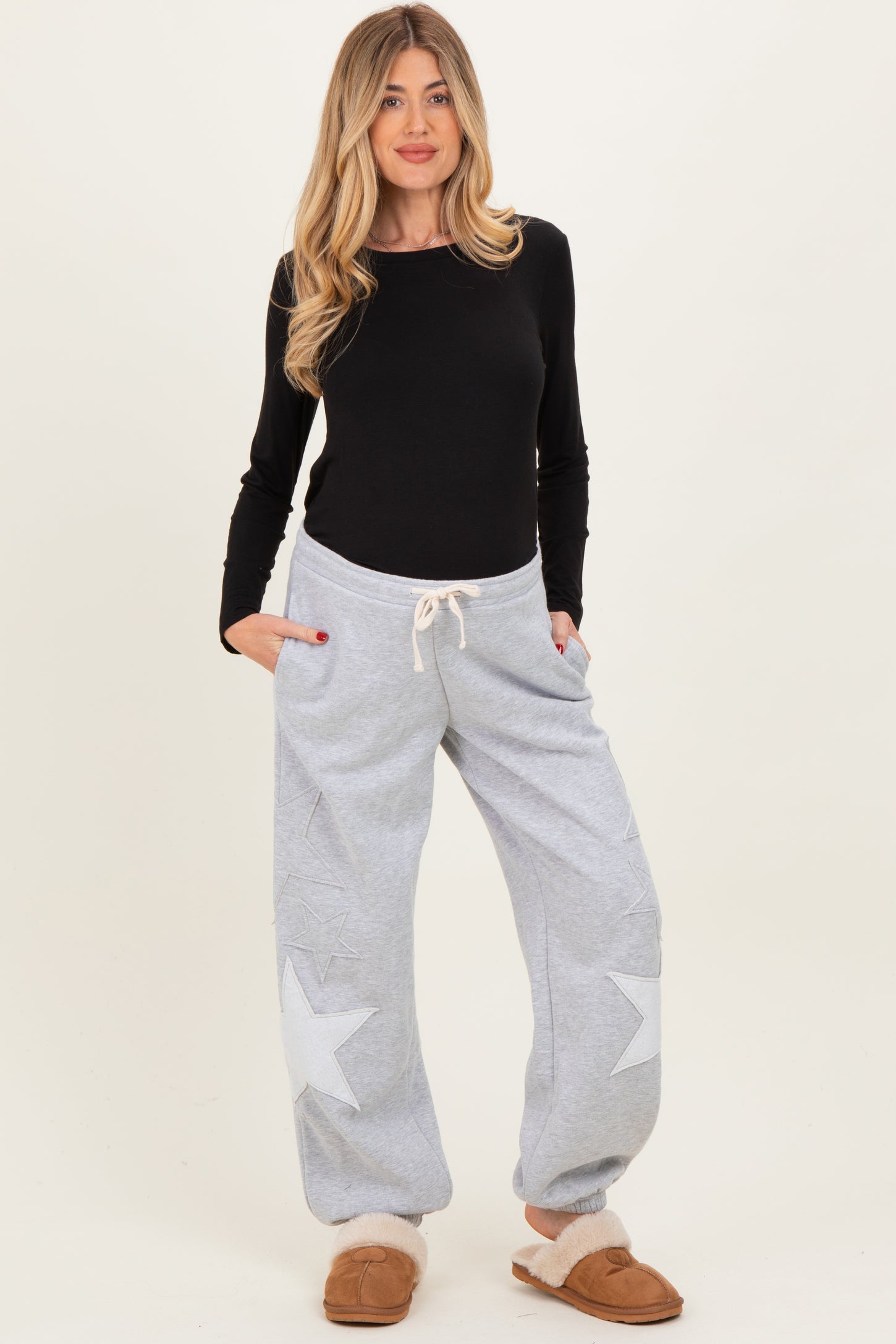 Heather Gray Star Patch Maternity Drawstring Sweatpants