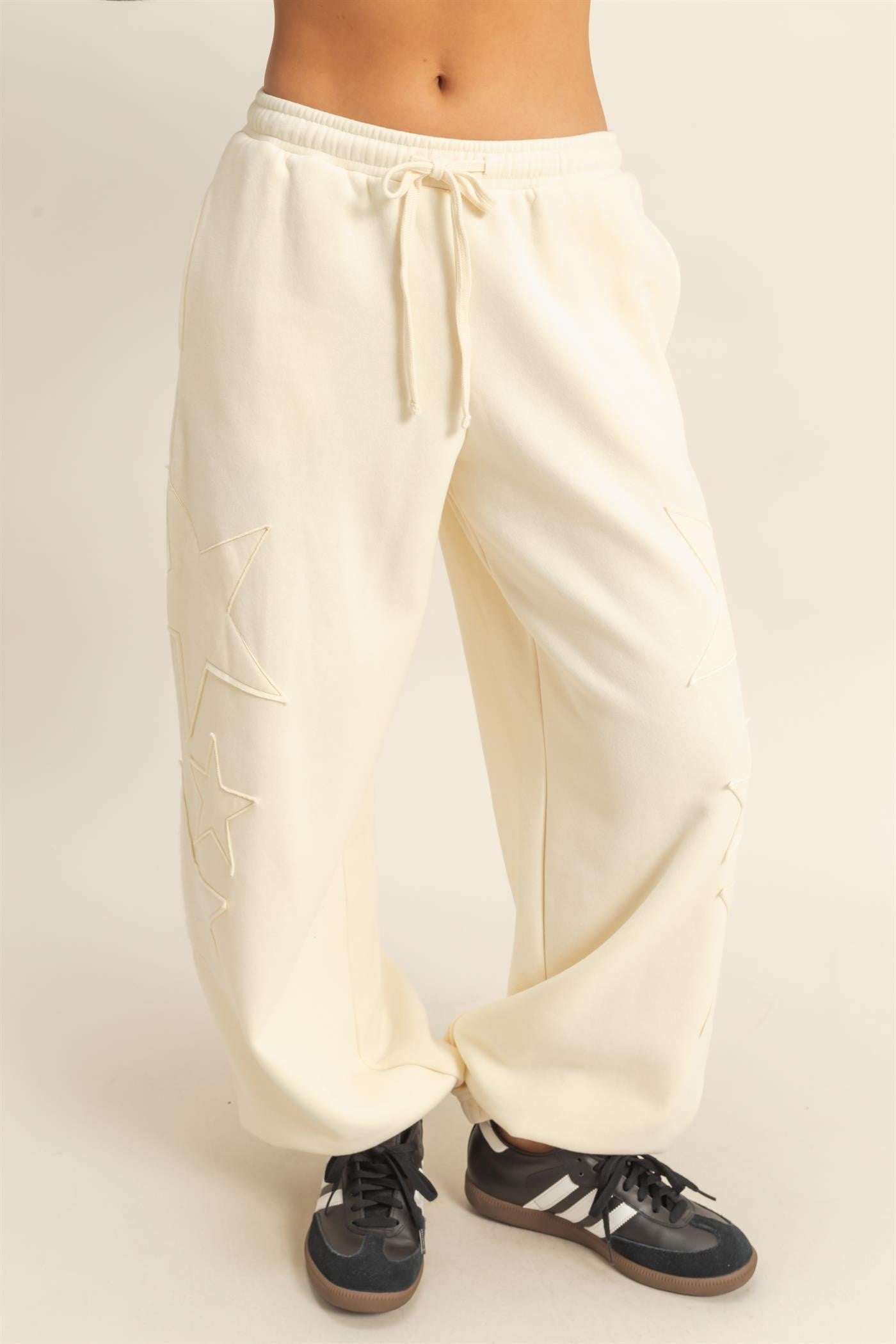Cream Star Patch Drawstring Sweatpants