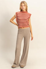 Beige Brushed Knit Flare Leg Pants