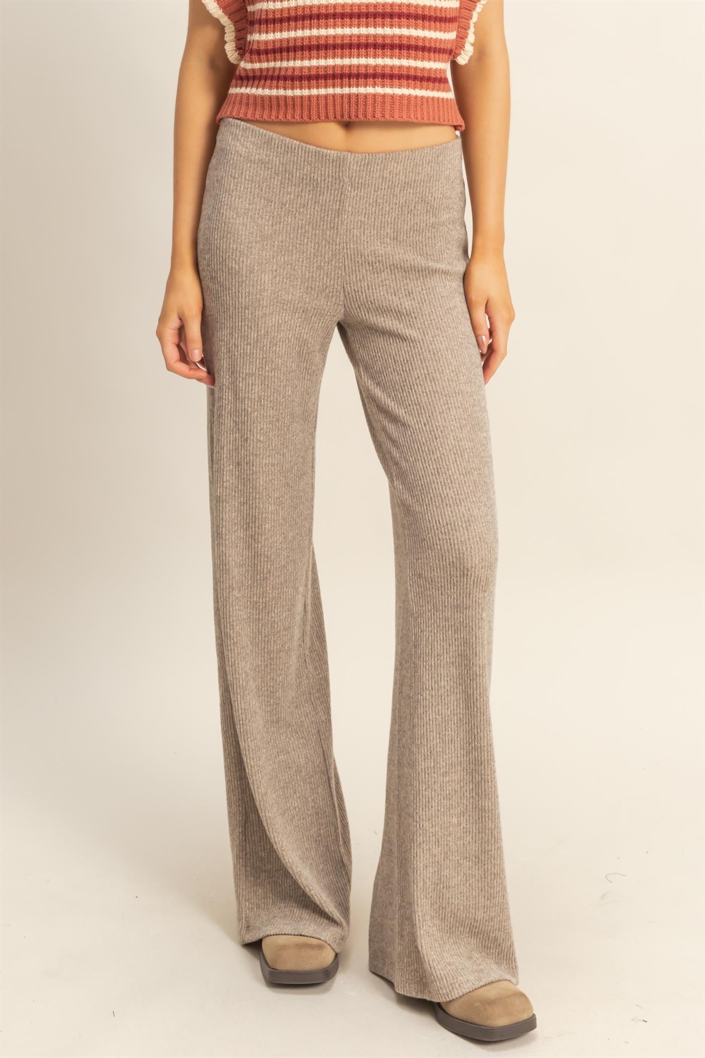 Beige Brushed Knit Flare Leg Pants