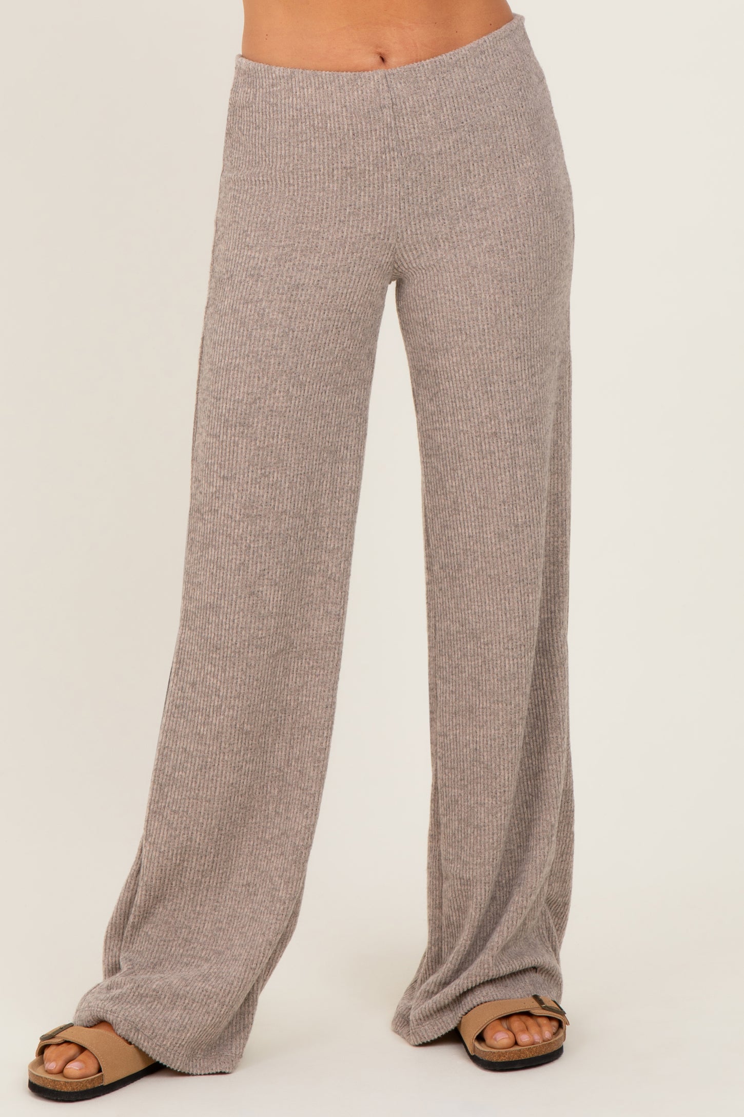 Beige Brushed Knit Flare Leg Pants