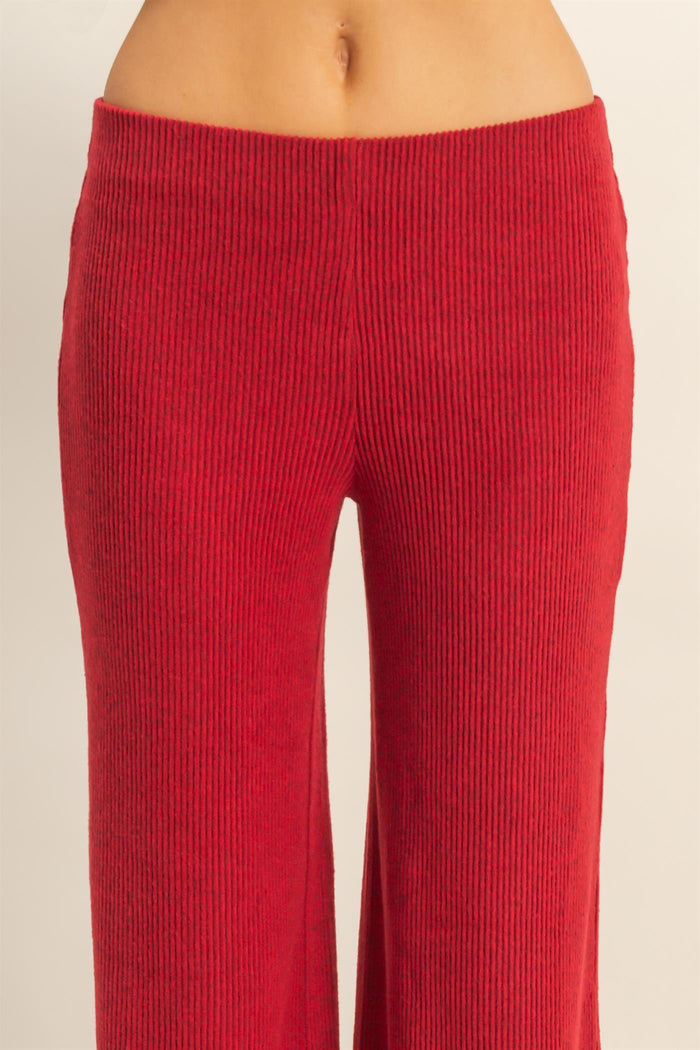 red ribbed wide leg pants with a high waist