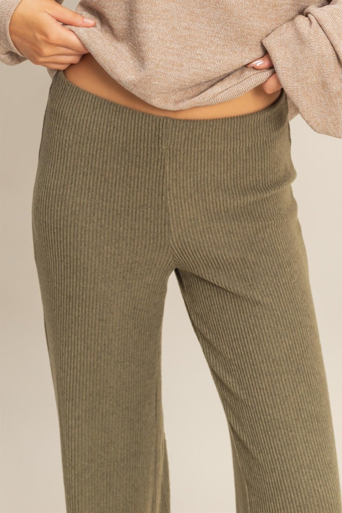 Olive Brushed Knit Flare Leg Pants