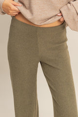 Olive Brushed Knit Flare Leg Pants