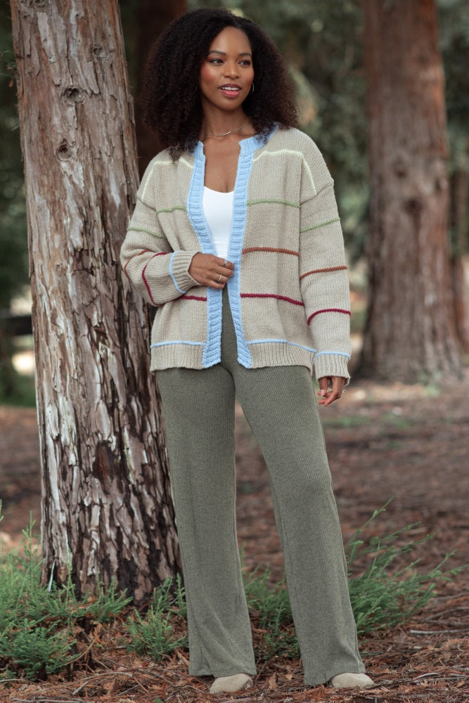 Olive Brushed Knit Flare Leg Pants