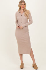 Beige Ribbed Knit Maternity Polo Dress