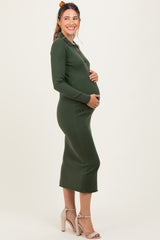Olive Ribbed Knit Maternity Polo Sweater Dress