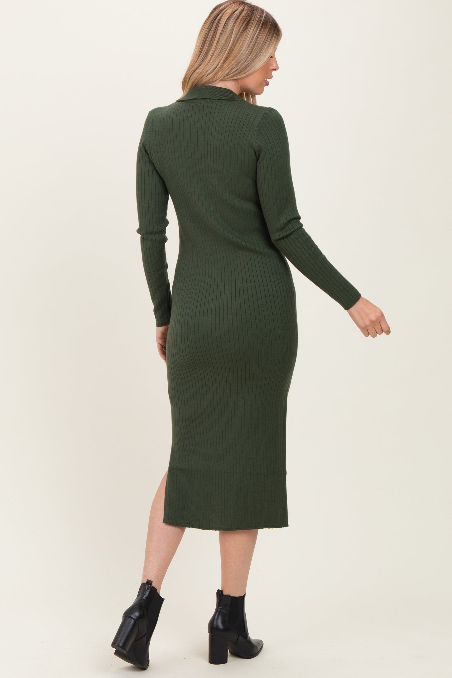 Olive Ribbed Knit Maternity Polo Dress
