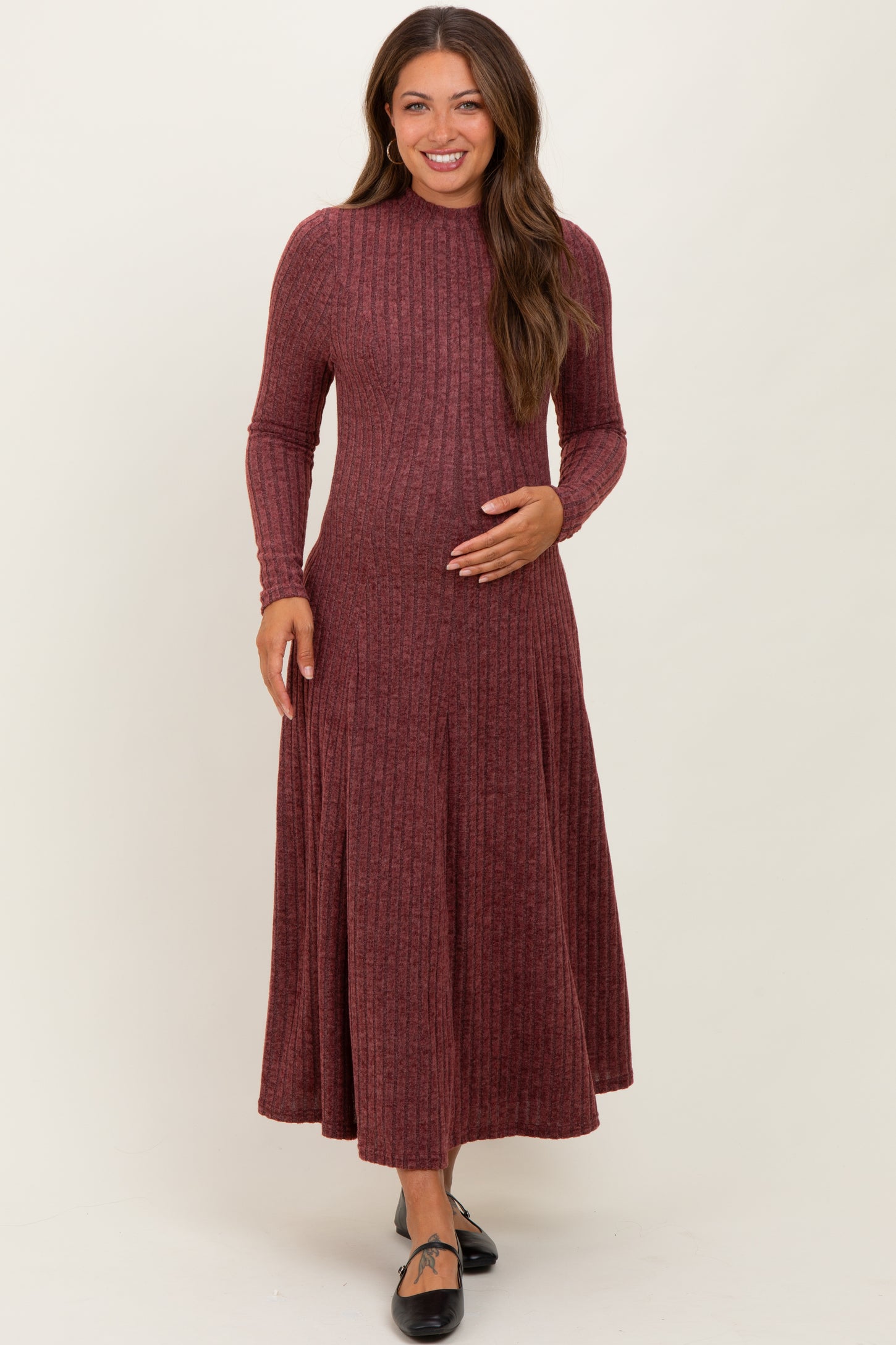 Burgundy Ribbed Mock Neck Maternity Midi Dress