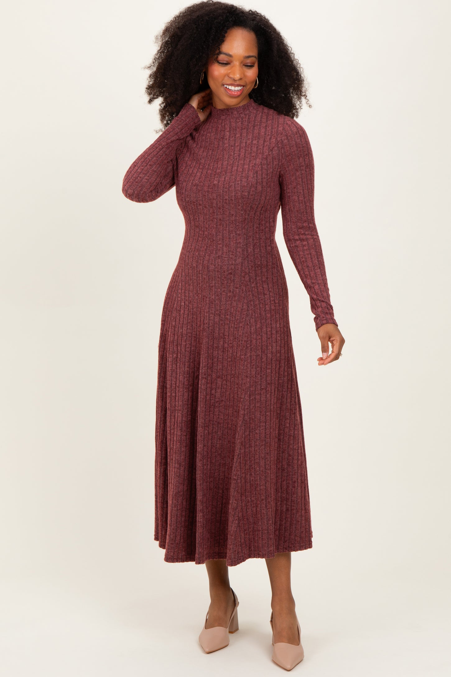Burgundy Ribbed Mock Neck Midi Dress