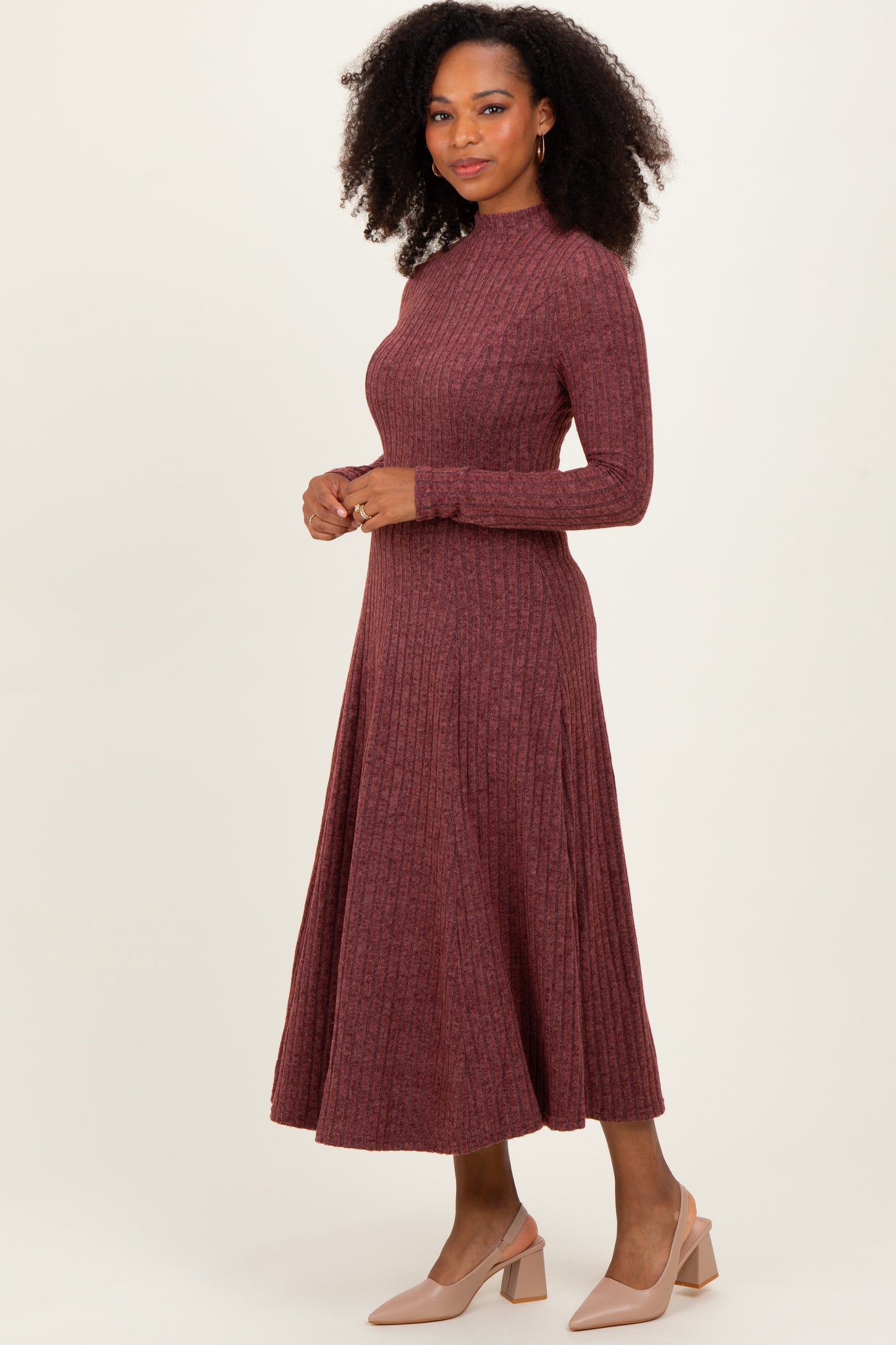 Burgundy Ribbed Mock Neck Maternity Midi Dress