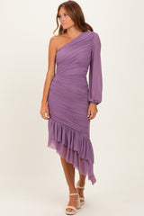 Lavender Mesh Ruched One Shoulder Asymmetric Dress
