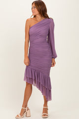 Lavender Mesh Ruched One Shoulder Asymmetric Dress