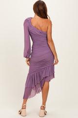 Lavender Mesh Ruched One Shoulder Asymmetric Dress