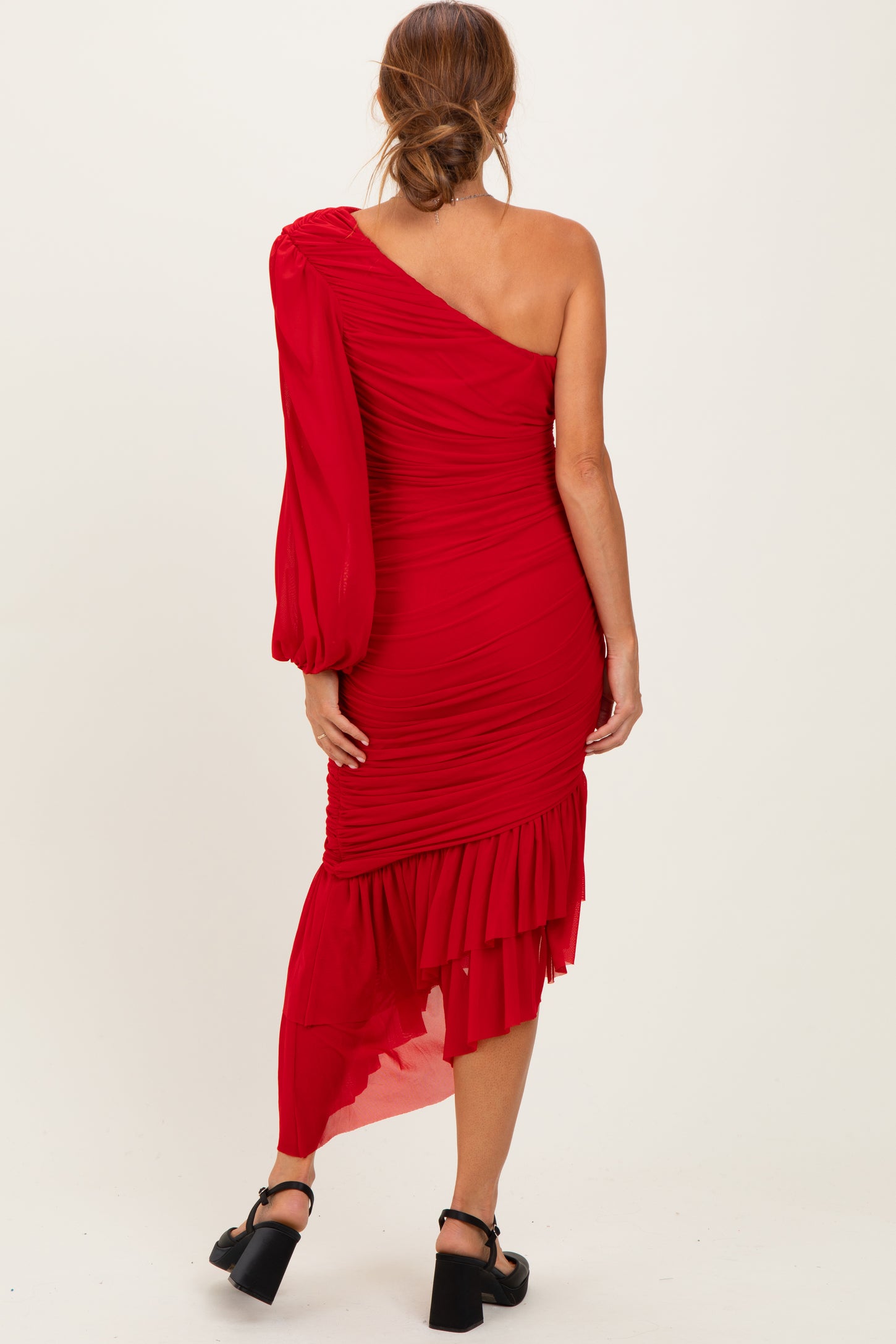 Red Mesh Ruched One Shoulder Asymmetric Dress