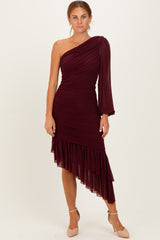 Dark Burgundy Mesh Ruched One Shoulder Asymmetric Maternity Dress