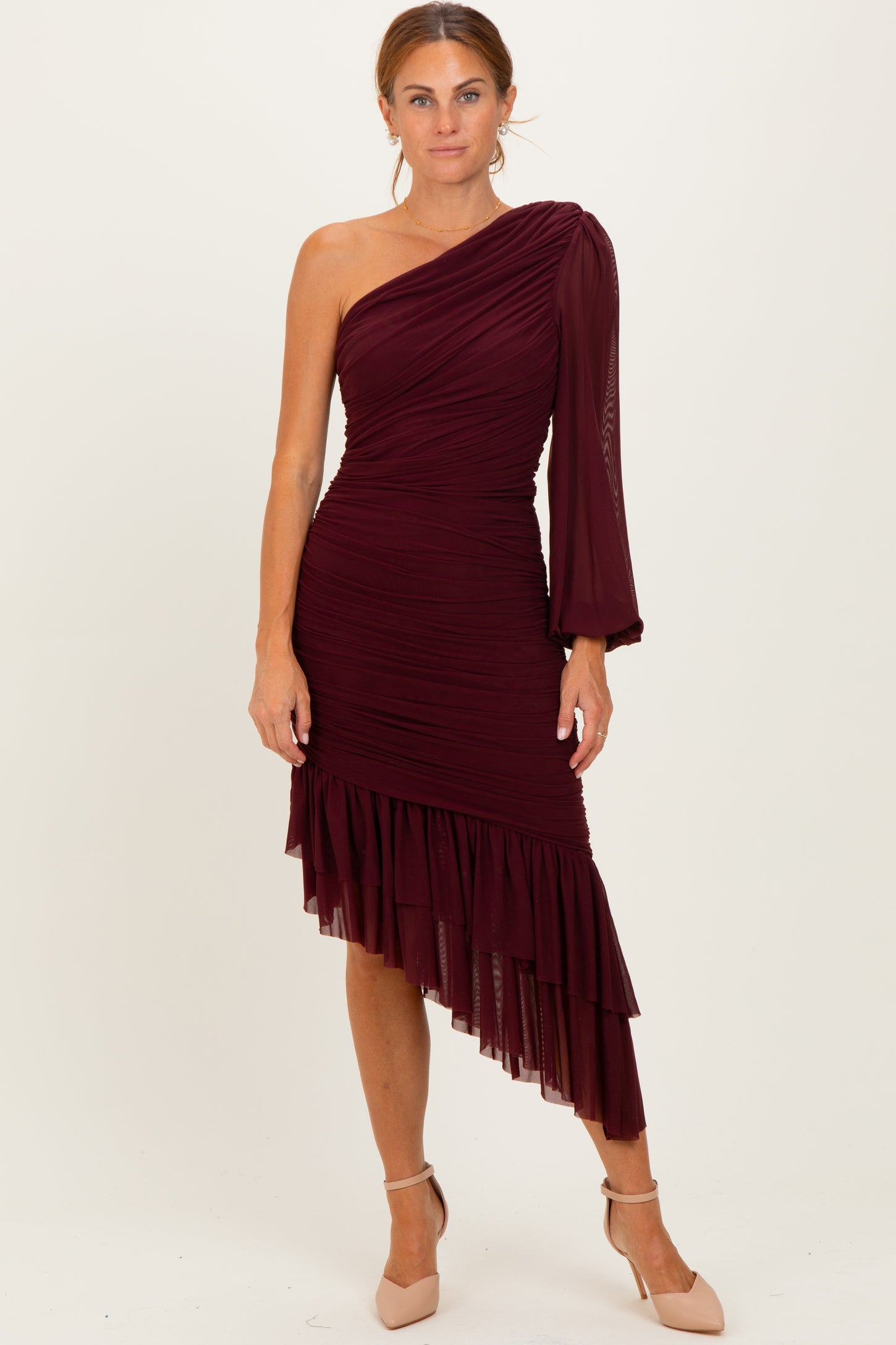Dark Burgundy Mesh Ruched One Shoulder Asymmetric Dress