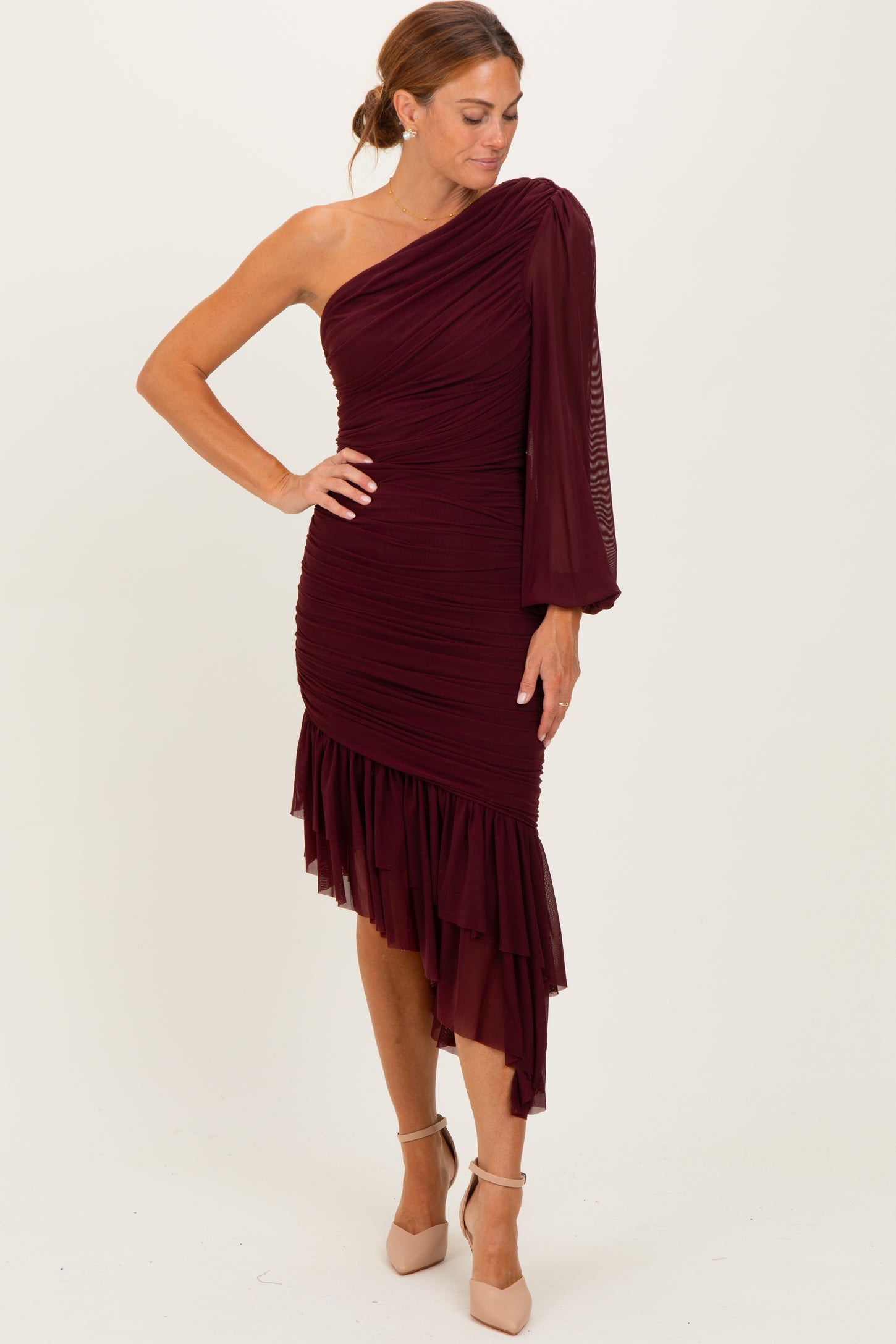 Dark Burgundy Mesh Ruched One Shoulder Asymmetric Dress