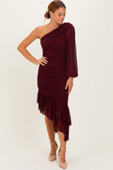 Dark Burgundy Mesh Ruched One Shoulder Asymmetric Dress