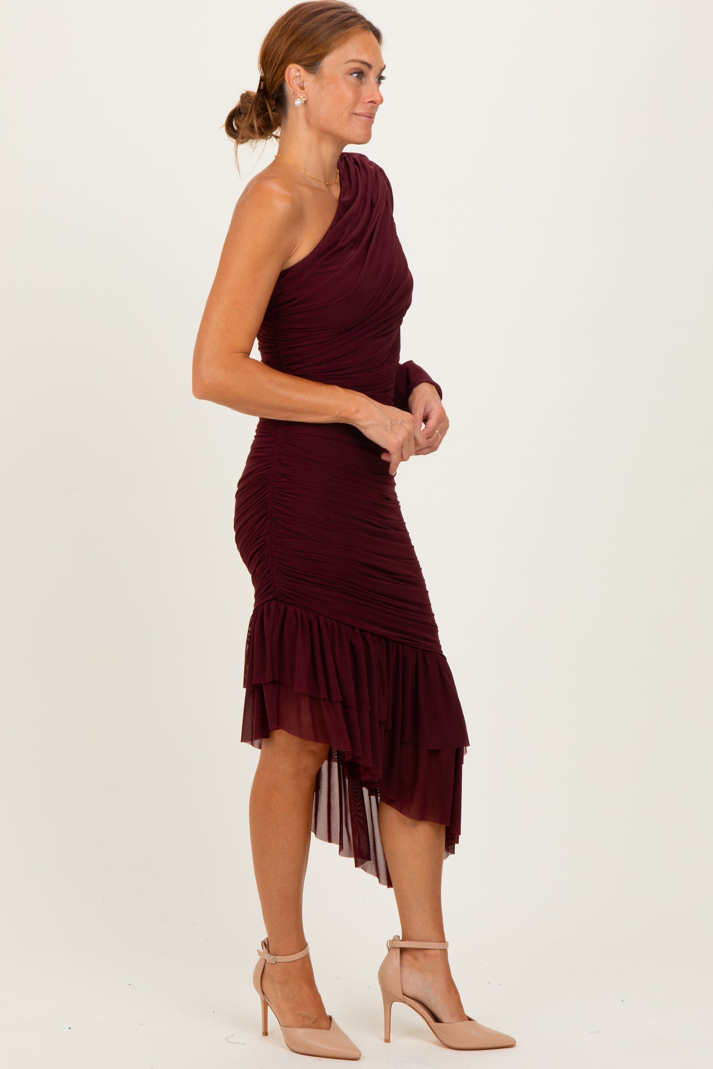 Dark Burgundy Mesh Ruched One Shoulder Asymmetric Dress