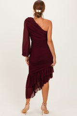 Dark Burgundy Mesh Ruched One Shoulder Asymmetric Dress