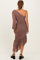 Mocha Mesh Ruched One Shoulder Asymmetric Dress