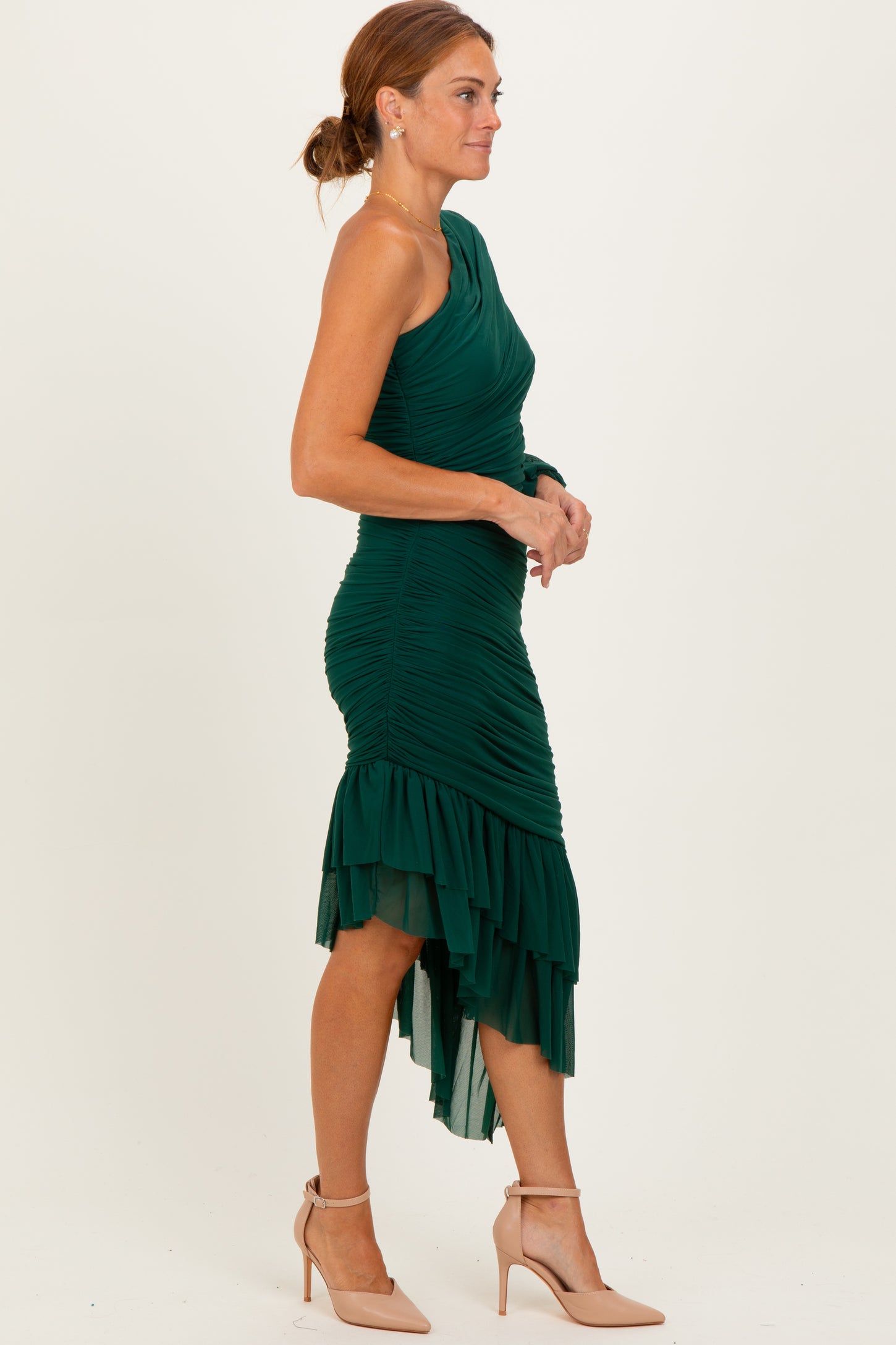 Forest Green Mesh Ruched One Shoulder Asymmetric Dress