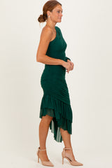 Forest Green Mesh Ruched One Shoulder Asymmetric Dress