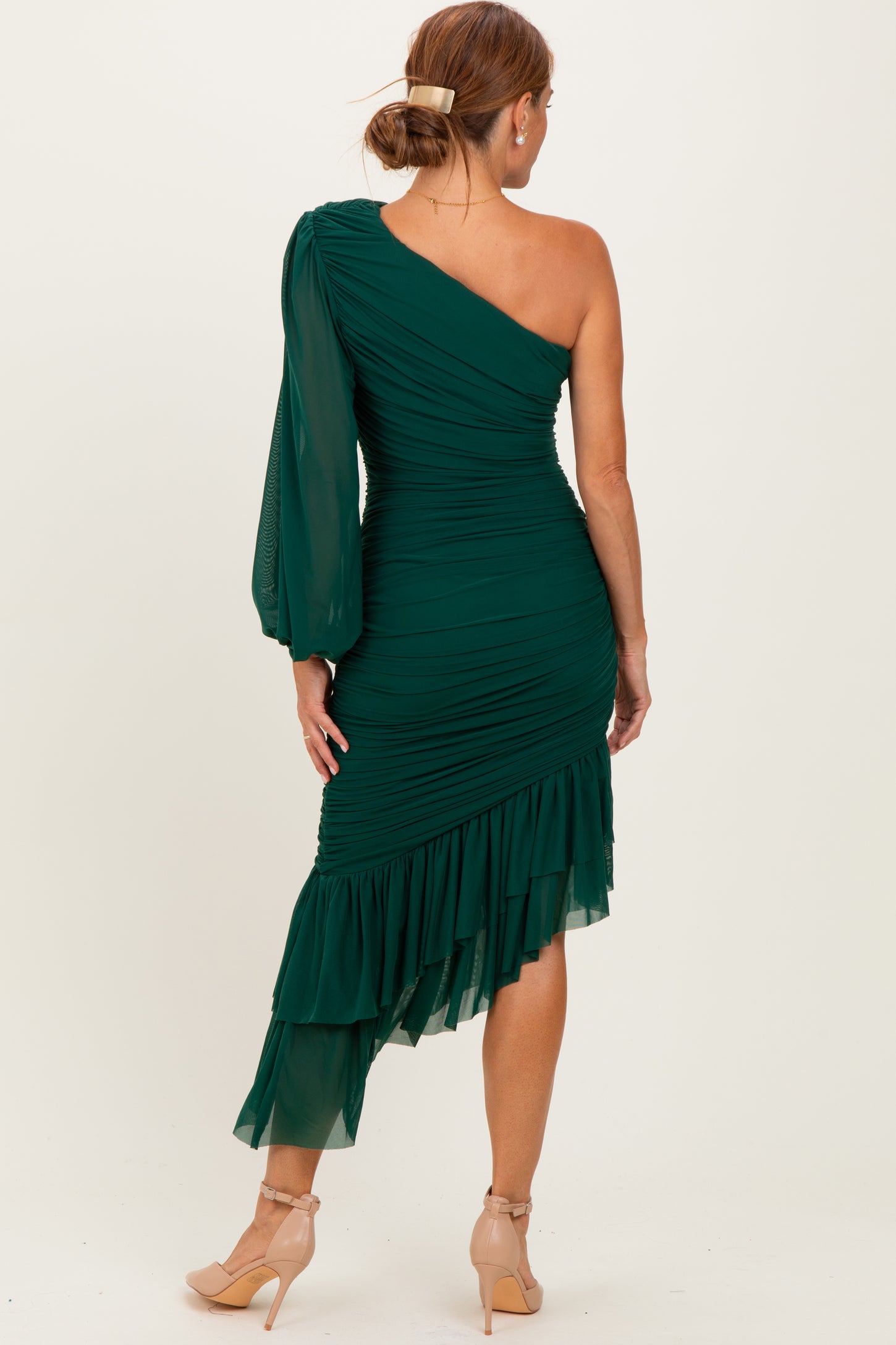 Forest Green Mesh Ruched One Shoulder Asymmetric Dress